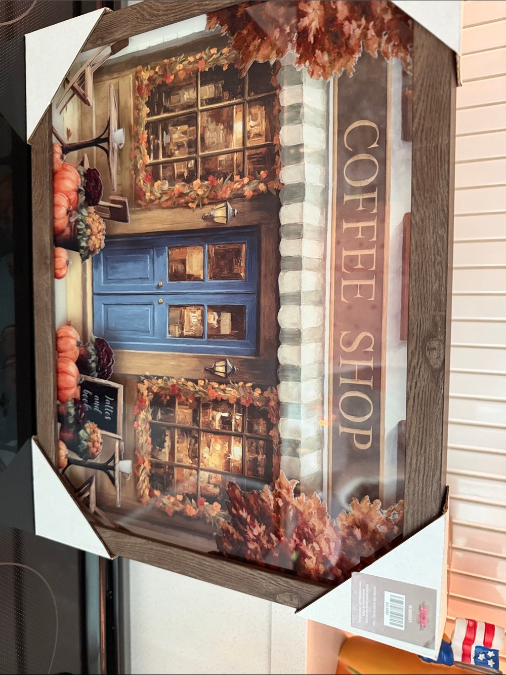 NWT-2026 Hobby Lobby Coffee Shop Wall Art Blue Door, Pumpkins, Brown Frame - Picture 6 of 7
